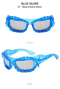 Detail of blue textured sunglasses frame with silver mirrored lenses and twist design