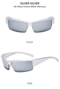 Detailed silver cyberpunk sunglasses with reflective mirrored lenses and sleek frame