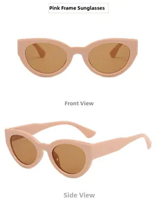 Vues de face et de profil de lunettes de soleil œil-de-chat roses aux verres bruns