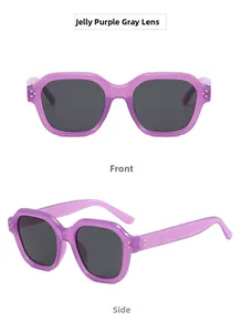 Front and side view of square jelly purple sunglasses with dark grey polarized lenses