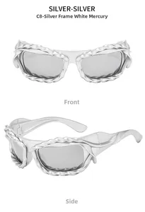 Close-up of silver cyberpunk sunglasses featuring a woven texture and liquid metal frame