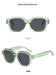 Front and side view of crystal green sunglasses with grey lenses and metal dot accents