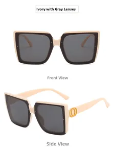 Details der sandelfenbeinfarbenen quadratischen Sonnenbrille mit grauen Gläsern und Goldring