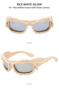 Detail view of rice white twisted frame sunglasses with silver mirrored lenses