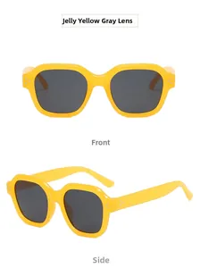 Detailed front and side views of jelly yellow sunglasses with silver metal studs