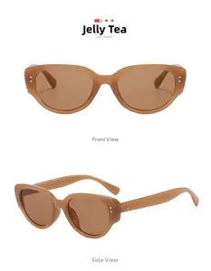 Detailed front and side view of jelly tea cat eye sunglasses with silver rivets