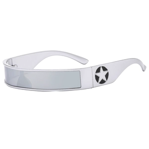 Cyberpunk silver wrap-around sunglasses with star logo and metallic futuristic frame