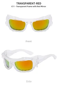 Macro view of transparent sports sunglasses with red mirrored lenses and spiral texture