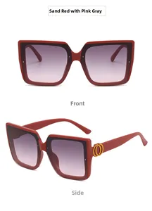 Details einer quadratischen, matten roten Sonnenbrille mit lila Verlaufsgläsern