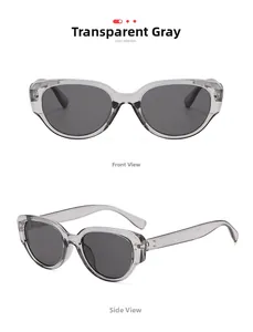 Detail view of transparent grey oval sunglasses with metal rivets and resin frames