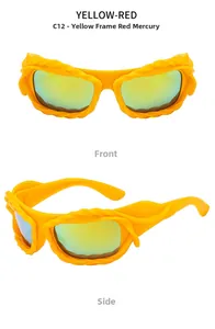 Detail view of yellow twisted frame sunglasses with red-gold reflective lenses