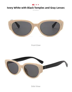 Front and side view of retro cat-eye sunglasses in cream and black bicolor frames