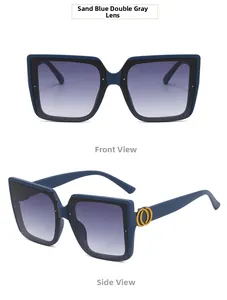 Front- und Seitenansicht der quadratischen Oversized-Sonnenbrille in Mattblau mit Grauverlauf