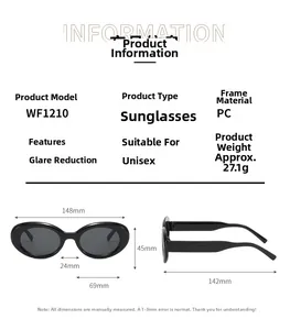 Detailed size specifications and PC material info for vintage oval black sunglasses