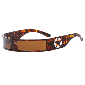 Cyberpunk tortoise shell visor sunglasses with star detail and brown tinted lenses