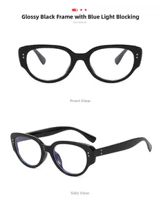 Close-up of gloss black cat-eye frames with anti-blue light lenses and metal dot details
