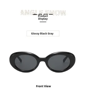Front view of oval sunglasses with glossy black frames and dark gray lenses
