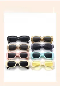 Overview of eight multicolor rectangle sunglasses in trendy vintage wide-frame styles