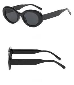 Side and back view of black oval sunglasses with thick polished acetate frames