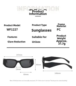 Size chart for WF1227 rectangle sunglasses detailing PC frame dimensions and 31.7g weight