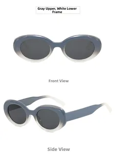 Front and side views of oval retro sunglasses with grey and white gradient frame