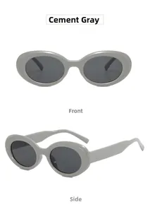 Front and side view of retro cement grey oval sunglasses with dark lenses