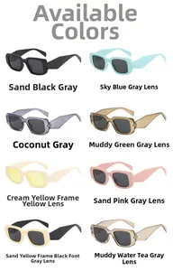 Rectangle sunglasses color palette showing matte black, blue, and transparent frames