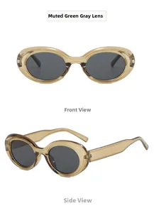 Detailed views of champagne brown cat-eye sunglasses with green-grey lenses