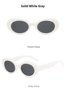 Front and side views of vintage oval white sunglasses with dark grey lenses