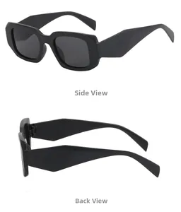 Detailed side and back views of matte black thick frame geometric sunglasses