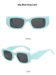 Front and side views of sky blue wide-frame rectangular sunglasses with gray lenses