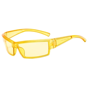 Cyberpunk bright yellow narrow rectangular sunglasses with futuristic Y2K sporty style