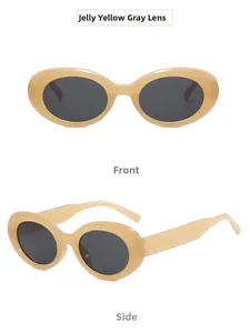 Front and side views of jelly yellow oval sunglasses with dark grey lenses