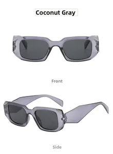 Front and side views of coconut grey square sunglasses with thick temples and dark lenses