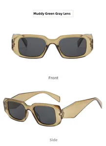 Front and side view of trendy rectangular wide-frame sunglasses in muddy water green finish