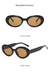 Front and side view of vintage oval sunglasses with shiny black frames and brown lenses