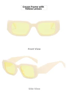 Detail view of cream Y2K rectangular sunglasses with yellow lenses from front and side angles