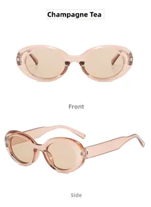 Detailed front and side views of champagne tea oval sunglasses with transparent PC frames