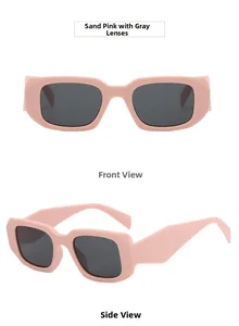 Front and side view of sand pink square sunglasses with dark gray lenses in modern style