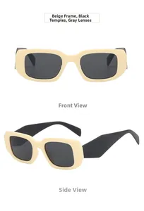 Front and side view of sand yellow rectangle sunglasses with black arms and grey lenses