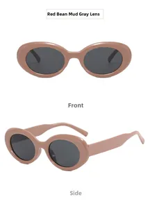 Front and side view of dusty pink oval sunglasses with dark grey lenses and retro frame