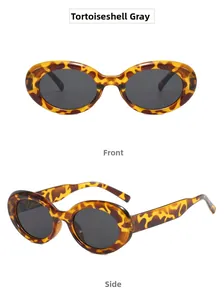 Detailed front and side views of tortoise leopard print cat-eye sunglasses with gray lenses