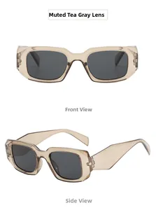 Front and side view of tea brown rectangular sunglasses with dark grey lenses