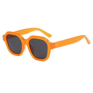 Hip-hop style orange hexagonal sunglasses with dark grey lenses and triple rivet accents