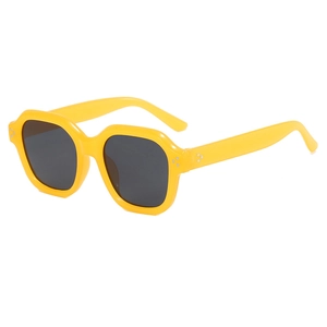 Hip hop style bright yellow rectangular sunglasses with three-dot metal rivets and dark lenses