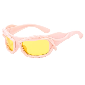 Pink twisted frame sunglasses with yellow lenses in a stylish 45-degree angle view