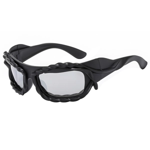 Futuristic retro twisted sunglasses with black frame and light gray lenses in 45-degree view