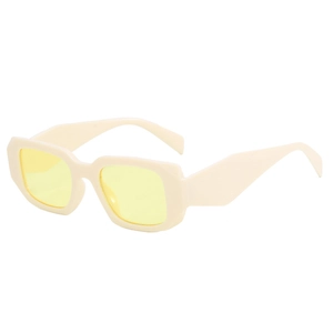 Retro rectangular sunglasses with creamy white frame and transparent yellow lenses