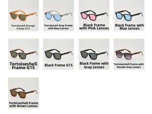 Detailed grid of vintage square sunglasses in various lens tints and frame colors