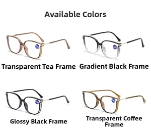 Detail view of large frame reading glasses in transparent tea, coffee, and black finishes